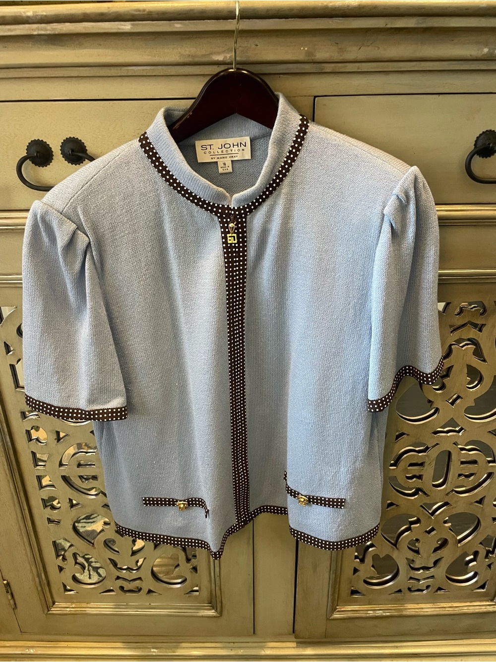 St. John Light Blue Knit Top with Brown and White Trim